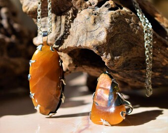 Calcite Simbircite Jewelry – Ammonite Pendant and Orange Calcite Ring Set, Honey Calcite Fossil Pendant
