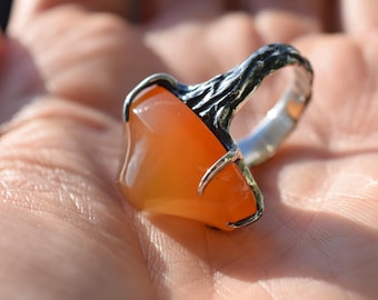 Sardonyx Ring, Large Carnelian in Silver, Karneol Stone Jewelry, Fairy Inspired Design