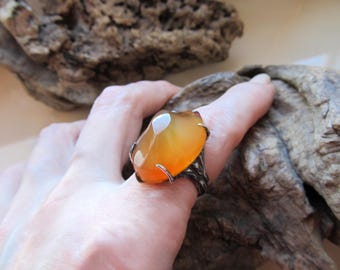 Carnelian Ring – Large Orange Stone • Sterling Silver • Fairy Jewelry