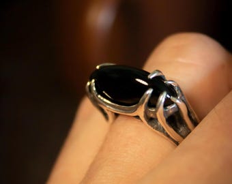 Black Quartz Ring – Gothic Elven Jewelry | MYSTIC Style | Size 7 1/4 US