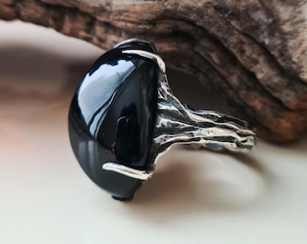 Elven Ring – Forest Protection, Black Quartz Talisman, Natural Crystal Ring, 925 Sterling Silver