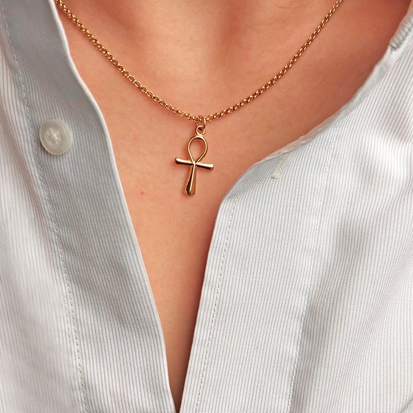 Collier Ankh Croix Egyptienne plaqué Argent pour Femmes - Pendentif Ankh clé de vie et Chaine ajustable - Bijoux Mode Cadeau