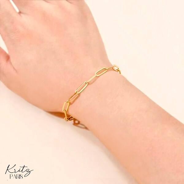 Kritz Bracelet Femme Paperclip Maille Trombone Plaqué Or - Bracelet Fin Acier Hypoallergénique - Bracelet Classique