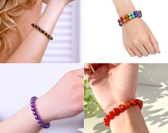 Bracelet Femmes Pierres naturelles Perles 8mm semi Précieuse Unisex - Cristal Roche Lithothérapie Cadeau - Améthyste Lapis Cornaline Chakras