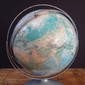 Vintage Rand McNally World Portrait  Blue Ocean Raised Relief 12-Inch Globe, 1973