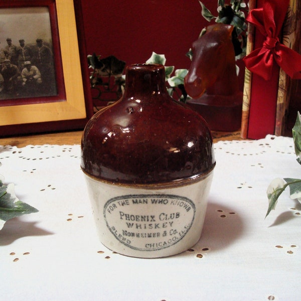 Vintage Scarce Red Wing Stoneware Half Pint Fancy Mini Jug w/ Phoenix Club Whiskey, Monheimer & Co., Chicago, ILL Advertising, ca. 1910-1920