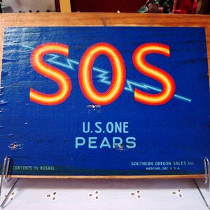 Vintage Fruit Crate Board with S.O.S., U.S. One Pears, Medford, Oregon Label, ca. 1950&#39;s