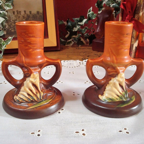 Vintage Roseville Pottery Freesia 4 1/2 Inch Tall Candle Holders in Brown with White Flowers, 1161-4 1/2, ca. 1940's