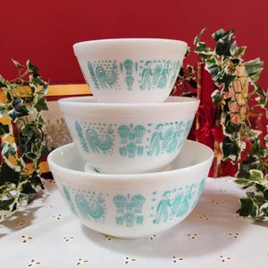 Vintage PYREX Set of 3 &quot;Butterprint&quot; Mixing Bowls Turquoise Print on White, #401, #402, #403, ca. 1950&#39;s