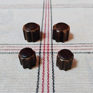 New Reproduction Set of 4 Sprocket Style Radio Knobs made from Walnut, Stained and Finished, Complete with Spring Fasteners