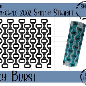 May include: A black and white geometric pattern design for a 20 oz skinny straight tumbler. The design features a repeating pattern of rounded rectangles and curved lines. The text "MAKERFLO 200Z SKINNY STRAIGHT" is at the top of the image. The text "LUCY BURST" is at the bottom of the image.