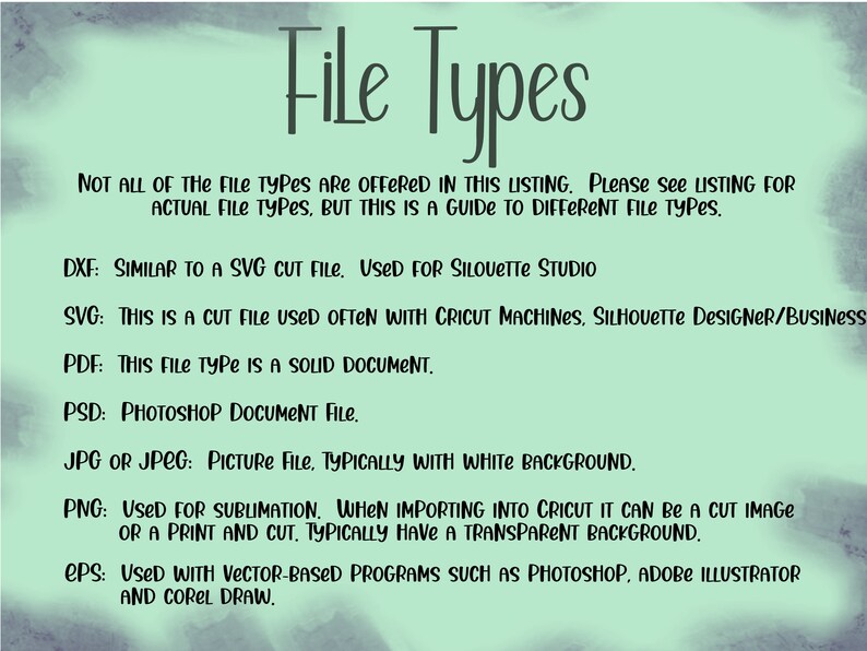 May include: A green and white textured background with the text "File Types" in black. The text below explains the different file types used for digital design, including DXF, SVG, PDF, PSD, JPG, PNG, and EPS.