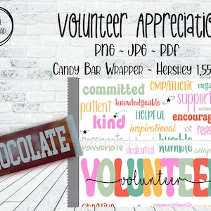 Pode incluir: Um design de embalagem de barra de chocolate imprimível para uma barra de chocolate Hershey's de 1,55 oz. A embalagem apresenta um design colorido com as palavras "Volunteer" e uma lista de adjetivos positivos que descrevem um voluntário, como "committed", "empathetic", "engaging", "patient", "knowledgeable", "supportive", "helpful", "encouraging", "kind", "inspirational", "respectful", "passionate", "dedicated", "humble", "adaptable", "creative", "compassionate" e "resourceful".