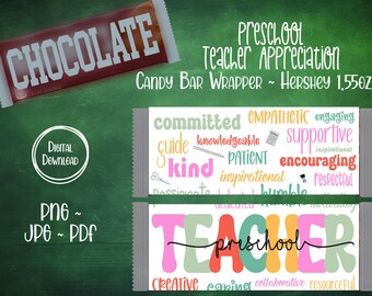 Pre-School Teacher Thank You Gift, Chocolate Candy Bar Wrapper, Teacher Appreciation Gift, Back to School Teacher Gift, End of Year Gift