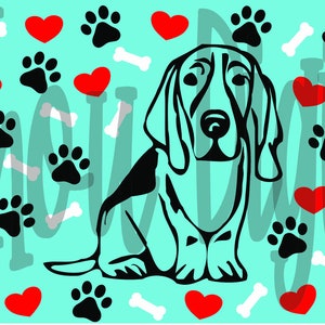 May include: A black and white illustration of a basset hound dog sitting on a turquoise background with white bones, red hearts, and black paw prints.