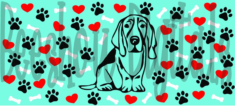 May include: A black and white illustration of a basset hound dog sitting on a turquoise background with white bones, red hearts, and black paw prints.