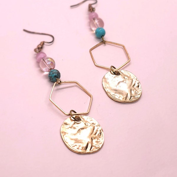 Golden Turquoise and Pink Sunset Dangles, Nature Lover Classic Beauty