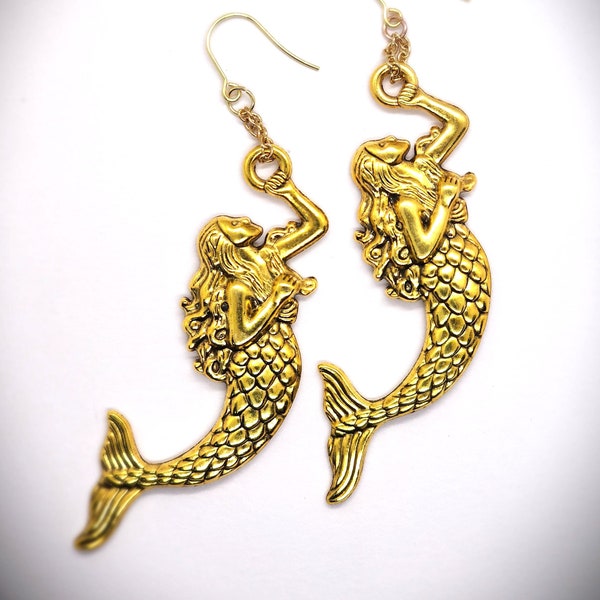 Golden Mermaid Earrings, Siren Ocean Goddess Mystical Folklore Fantasy