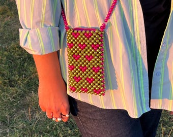 Vibing Heart Handmade Bead Bag | Pearl Bead Bag | Bead Shoulder Bag | Iphone Cover Bead Bag | Phone Bag | Iphone Bag | Designer Bag