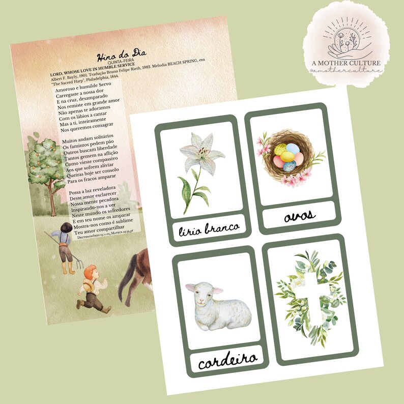 K&ouml;nnte beinhalten: Eine Aquarellillustration mit religi&ouml;sem Thema. Das Bild enth&auml;lt eine Textseite, eine wei&szlig;e Lilie, ein Nest mit Eiern, ein Lamm und ein Kreuz mit floralen Akzenten. Der Text ist auf Portugiesisch.