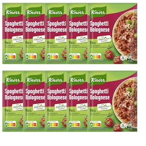 May include: Multiple packages of Knorr Spaghetti Bolognese. Each package is green and red, with the product name in white. The image shows a bowl of spaghetti with tomato and meat sauce. The packages also include nutritional information.