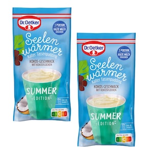 May include: Two packets of Dr. Oetker Seelenwärmer coconut-flavored cold cup pudding, Summer Edition. The packets are blue with a green cup graphic, a coconut, and text in German. The pudding is shown in a green cup.