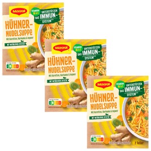 May include: Three packages of Maggi chicken noodle soup. Each package features a bowl of soup with noodles, carrots, and herbs. The packaging is yellow and brown with text in German, including "Hühner-Nudelsuppe."