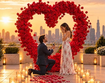 May include: A person in a dark suit kneels to propose to a person in a floral dress before a large heart-shaped arch of red roses. The scene is set on a rooftop terrace with lit candles and scattered rose petals against a city skyline at sunset.