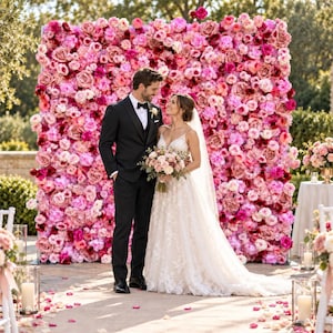 May include: A large, square floral wall backdrop composed of dense, multi-tonal pink, magenta, and cream-colored roses. A person in a black tuxedo and a person in a white lace wedding gown with a veil stand in front, holding a bouquet of roses.