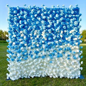US Seller ---5D Blue and White Rose Flower Wall  - Flower Wall Rolling Up Curtain Wall, Fabric Flower Wall, Wedding Party Photo Backdrop