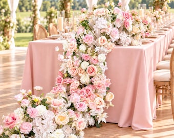 Ships from Houston | Pink Rose Garland, Artificial Wedding Table Flower Runner, Arch Staircase Decor, Sweetheart Centerpiece, Faux Florals