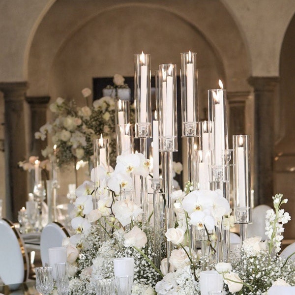 36" Clear 8 Arm Crystal Cluster Round Taper Candelabra, Candle Holder For Votive, Pillar Or LED Candles With Mirror Base