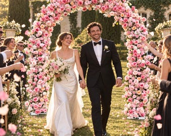 May include: A couple walking through a large archway covered in pink and white roses. The person on the left wears a white floor-length gown and holds a bouquet, while the person on the right wears a black tuxedo with a white shirt and bow tie.