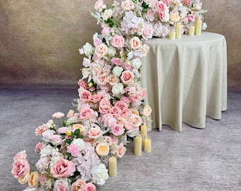 US Seller ---Blush Pink Roses Wedding Arch Artificial Floral, Table Flower Runner,  Flower Row Arrangement, Perfect for Party
