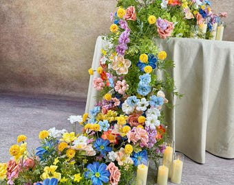 US Seller----Wildflower-Inspired Spring Wedding Artificial Floral, Table Flower Runner, Rustic Flower Row ,Flower Row for Wedding Aisle