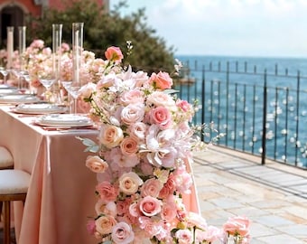 Ships from USA/Blush Pink Rose Wedding Arch Floral, Artificial Table Flower Runner, Rose Row Arrangement for Parties & Events