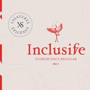 Peut inclure: Conception graphique rouge et blanche avec le texte "Inclusif" et "Florescence Regular 2021 ©" en rouge. Un oiseau rouge au long cou et aux longues pattes se trouve dans le coin supérieur droit de l'image. L'arrière-plan est gris clair avec un motif de cercles et de lignes qui se chevauchent.