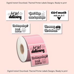 May include: A roll of pink thermal printer labels and five rectangular white label designs with black text. The designs feature phrases including hot girl delivery, Good things come in packages, Girl math made me do it, Another package? I don't know her, and Her money, Her business, accompanied by various icons.