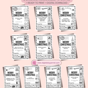 Op de afbeelding: Tien rechthoekige zwart-witte kerst-thermolabels met feestelijke afbeeldingen, postzegelontwerpen en de tekst Merry Christmas 25 Dec. De labels meten 10,16 bij 15,24 cm en bevatten velden voor de namen van ontvangers en diverse bezorgpictogrammen.