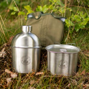 Feldflaschen-Set Edelstahl 1,2 Liter mit Topf und Deckel pouch mit Molle Bushcraft Camping Outdoor canteen stainless steel Pot drink Bottle
