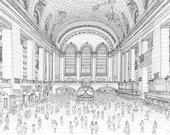 Desenho de linha fina em Nova York: Grand Central Terminal | Arte de linha, Arte de parede em Nova York, Paisagens urbanas de Nova York, Impressão de arte em Nova York, Arte em Nova York, Edição limitada