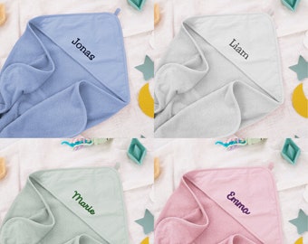 Asciugamano con cappuccio per neonati e bambini con nome personalizzato in blu/verde/grigio/viola/bianco / 75 x 75 cm/100 x 100 cm / regalo per bambini / regalo per neonati
