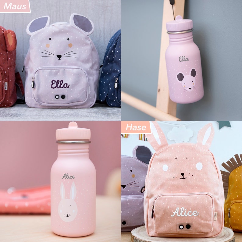 KINDERRUCKSACK mit NAMEN BESTICKT / personalisiert als Set mit Trinkflasche für Kita / Ausflug / Kindergeschenk / Trixie / Maus / etc. zdjęcie 4