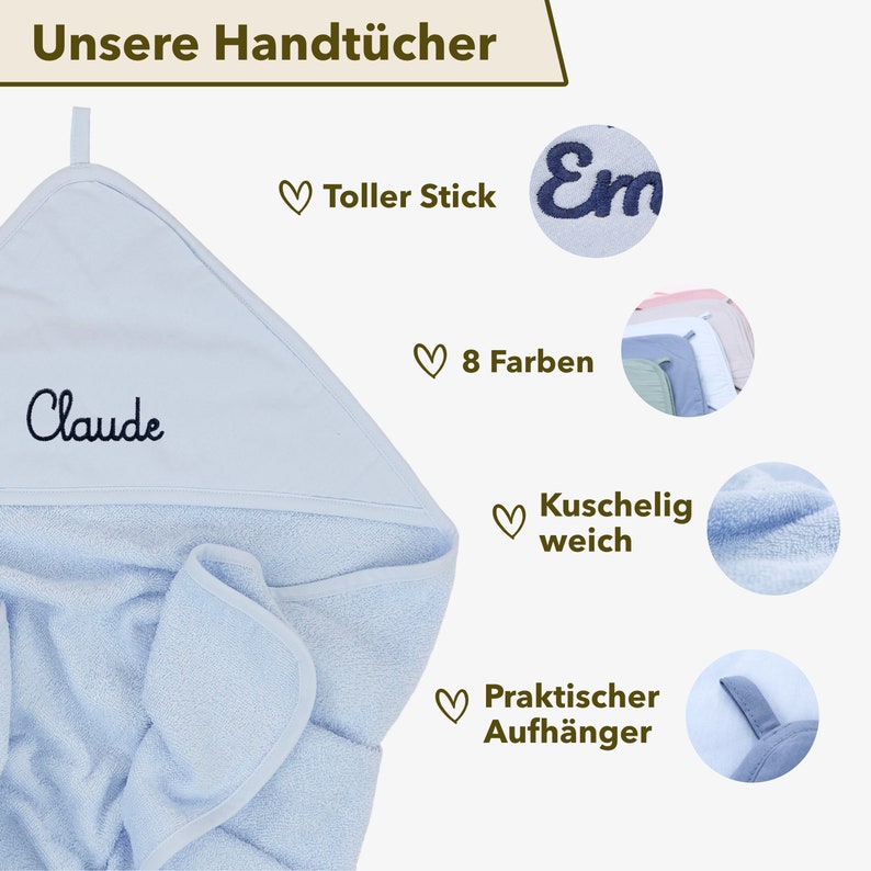 Kapuzenhandtuch als Kinderund Babygeschenk in 8 verschiedenen Farben, mit praktischem Aufhänger, kuschelig weic, personalisiert mit Premium-Stick