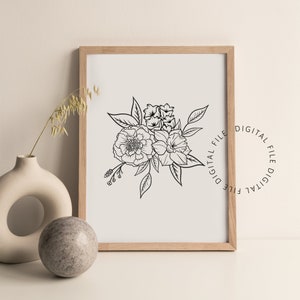 May include: A framed floral line art print featuring a bouquet of flowers in black ink on a cream background. The print is in a light wood frame. A vase and a decorative stone are in the foreground.