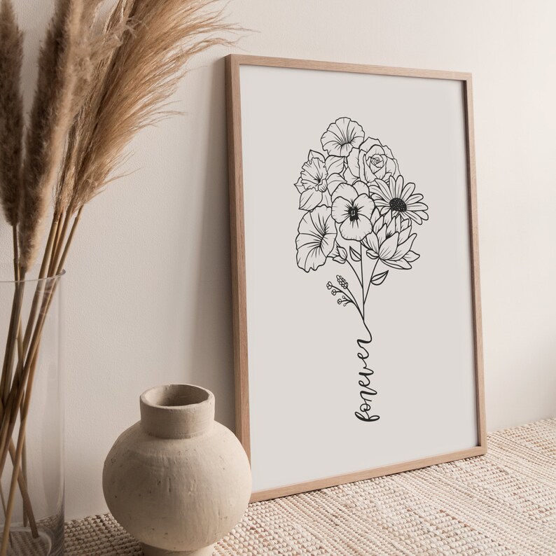 Anpassad familjeblombukett med text för födelse | Födelseblomma-tatueringsdesign | Blommig linjekonsttryck | Digital JPG, PNG, SVG bild 4