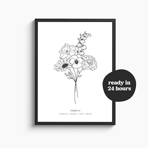 Custom family birth flower bouquet Birth month flowers tattoo design Birthflower line art print Mothersday Personalized gift for her afbeelding 1