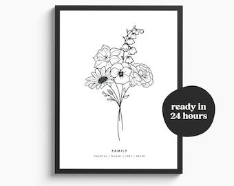 Custom family birth flower bouquet | Birth month flowers tattoo design | Birthflower line art print Mothersday | Personalized gift for her