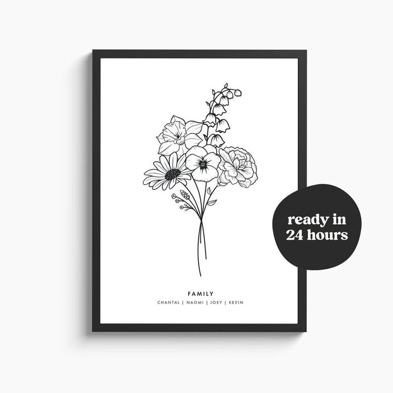 Custom family birth flower bouquet Birth month flowers tattoo design Birthflower line art print Mothersday Personalized gift for her afbeelding 1