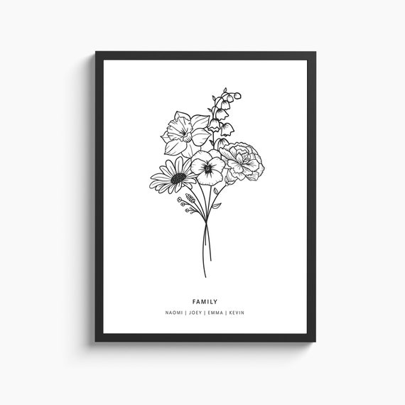 Custom family birth flower bouquet | Birth month flowers tattoo design | Birthflower line art print | Mothersday gift | DIGITAL